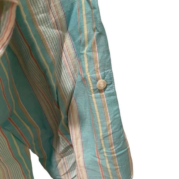 Kate Hill Blouse Womens 1X Linen Button Up Blue Striped Roll Tab Sleeve Collared - Picture 5 of 8